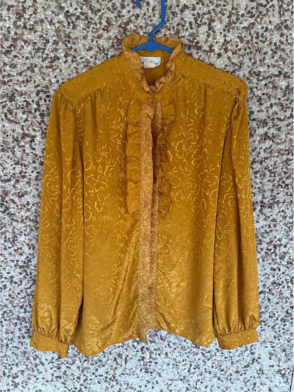 Vintage Laura Mae Mustard Gold Jacquard Ruffle Collar Blouse Size 16